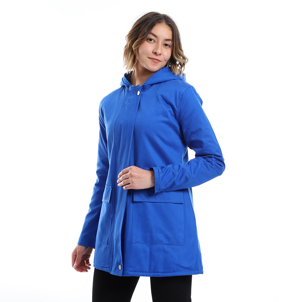 Zipper Closure Padded Balmacaan Jacket - Royal Blue