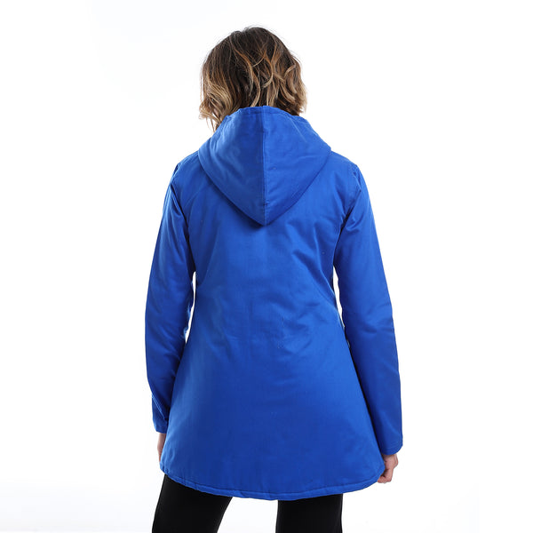 Zipper Closure Padded Balmacaan Jacket - Royal Blue