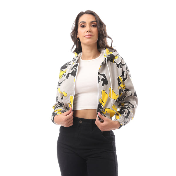 Cropped Multicolour Printed Fly Zipper Jacket