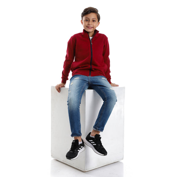 Long Sleeves Zipper Closure Boys Sweatshirt - Burgundy & Navy Blue