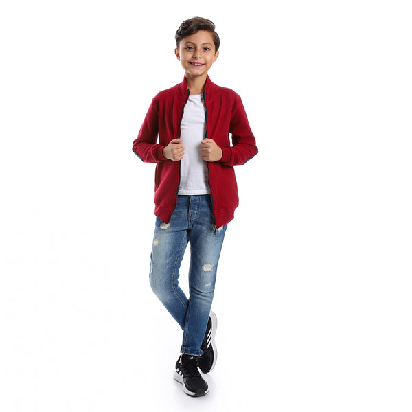 Long Sleeves Zipper Closure Boys Sweatshirt - Burgundy & Navy Blue