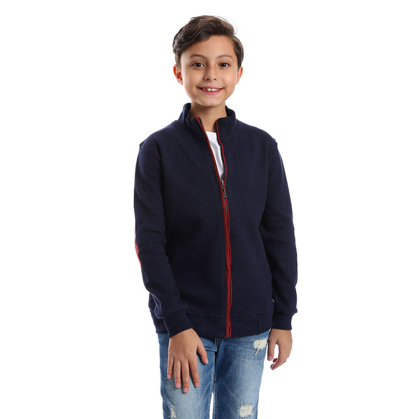 Long Sleeves Zipper Closure Boys Sweatshirt - Navy Blue & Burgundy