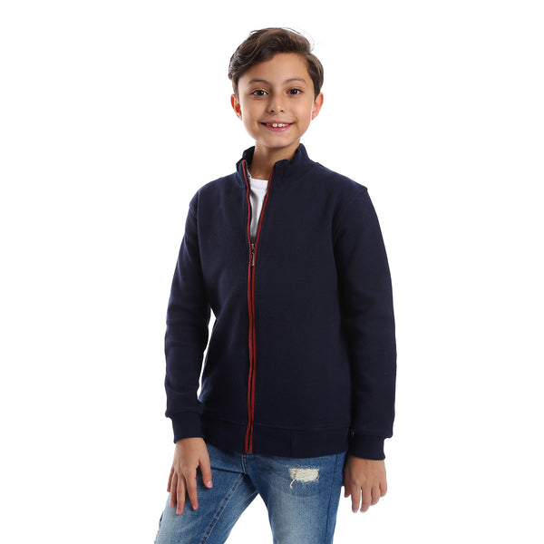 Long Sleeves Zipper Closure Boys Sweatshirt - Navy Blue & Burgundy