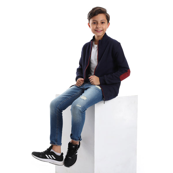 Long Sleeves Zipper Closure Boys Sweatshirt - Navy Blue & Burgundy