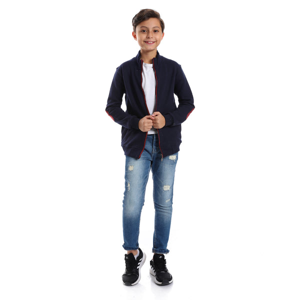 Long Sleeves Zipper Closure Boys Sweatshirt - Navy Blue & Burgundy