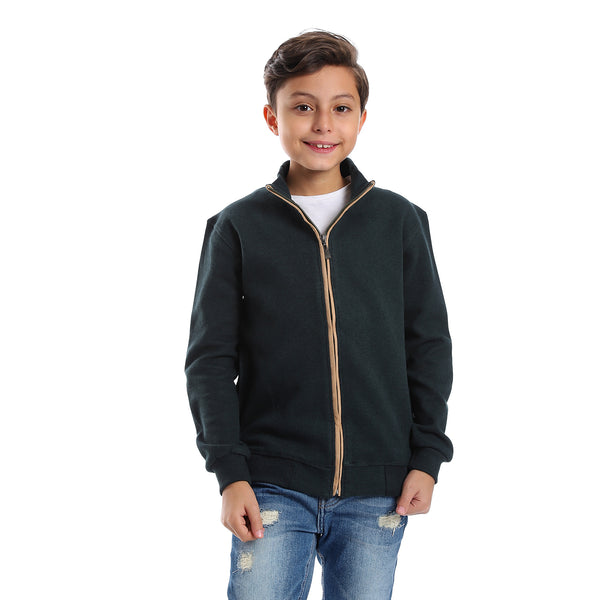 Long Sleeves Zipper Closure Boys Sweatshirt - Dark Green & Beige