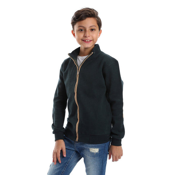 Long Sleeves Zipper Closure Boys Sweatshirt - Dark Green & Beige