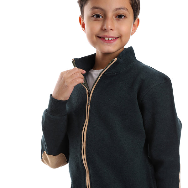 Long Sleeves Zipper Closure Boys Sweatshirt - Dark Green & Beige