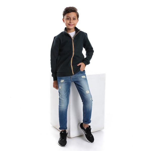 Long Sleeves Zipper Closure Boys Sweatshirt - Dark Green & Beige