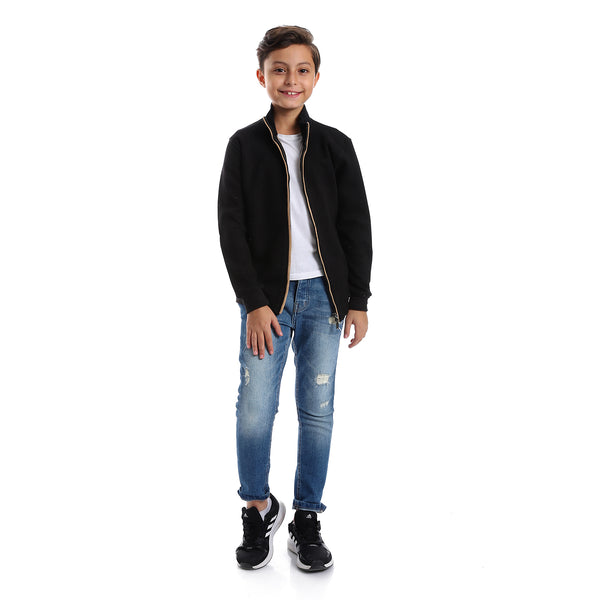 Long Sleeves Zipper Closure Boys Sweatshirt - Black & Beige