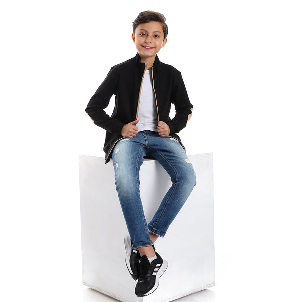 Long Sleeves Zipper Closure Boys Sweatshirt - Black & Beige