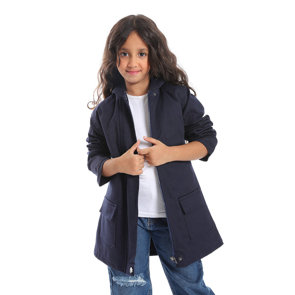 Hoodie Neck Hidden Zipper Closure Girls Jacket - Navy Blue