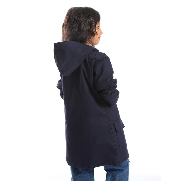 Hoodie Neck Hidden Zipper Closure Girls Jacket - Navy Blue