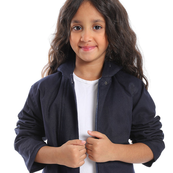 Hoodie Neck Hidden Zipper Closure Girls Jacket - Navy Blue