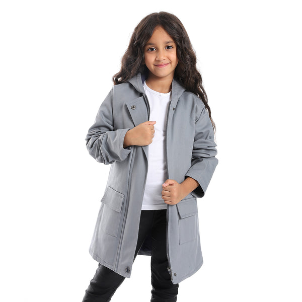 Hoodie Neck Hidden Zipper Closure Girls Jacket - Grey