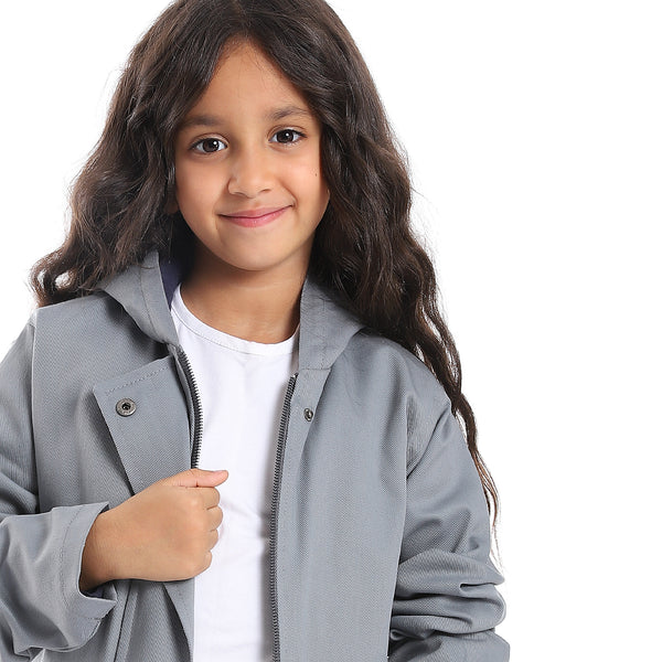 Hoodie Neck Hidden Zipper Closure Girls Jacket - Grey