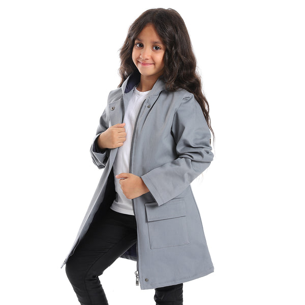 Hoodie Neck Hidden Zipper Closure Girls Jacket - Grey