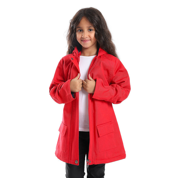 Hoodie Neck Hidden Zipper Closure Girls Jacket - Red