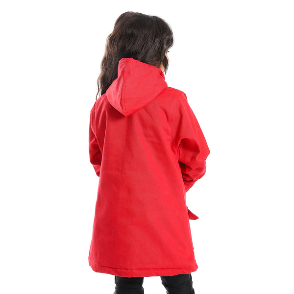 Hoodie Neck Hidden Zipper Closure Girls Jacket - Red