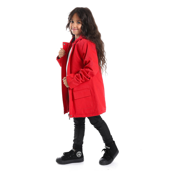 Hoodie Neck Hidden Zipper Closure Girls Jacket - Red