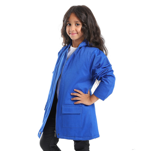 Hoodie Neck Hidden Zipper Closure Girls Jacket - Royal Blue