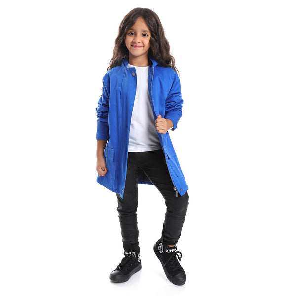 Hoodie Neck Hidden Zipper Closure Girls Jacket - Royal Blue