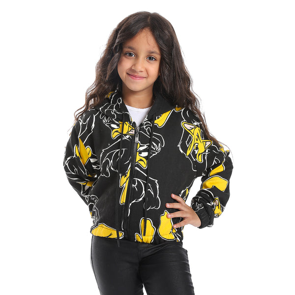 Black Comfy Printed Jacket With Drawstrings