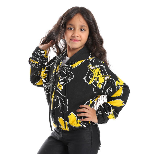 Black Comfy Printed Jacket With Drawstrings