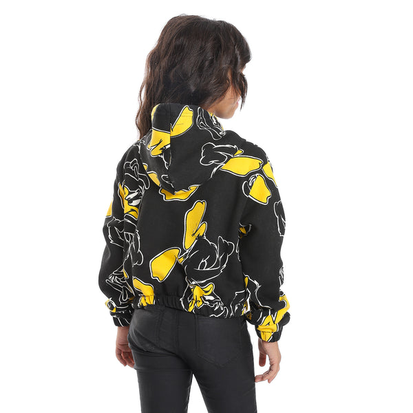 Black Comfy Printed Jacket With Drawstrings