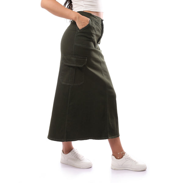 Long Regular Fit Cargo Olive Skirt