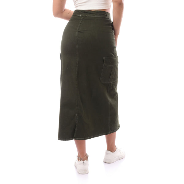 Long Regular Fit Cargo Olive Skirt