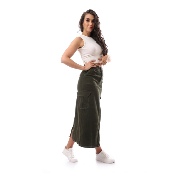 Long Regular Fit Cargo Olive Skirt