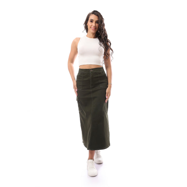 Long Regular Fit Cargo Olive Skirt