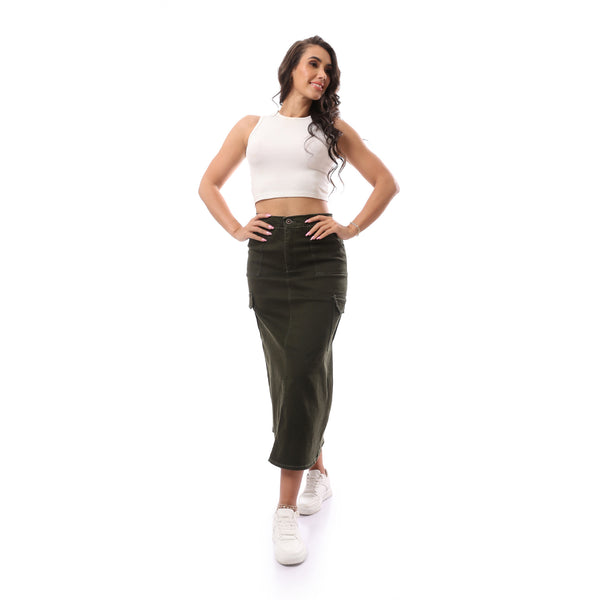 Long Regular Fit Cargo Olive Skirt