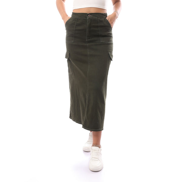 Long Regular Fit Cargo Olive Skirt