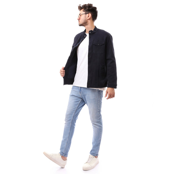 Navy Blue Buttoned Mandarin Collar Jacket