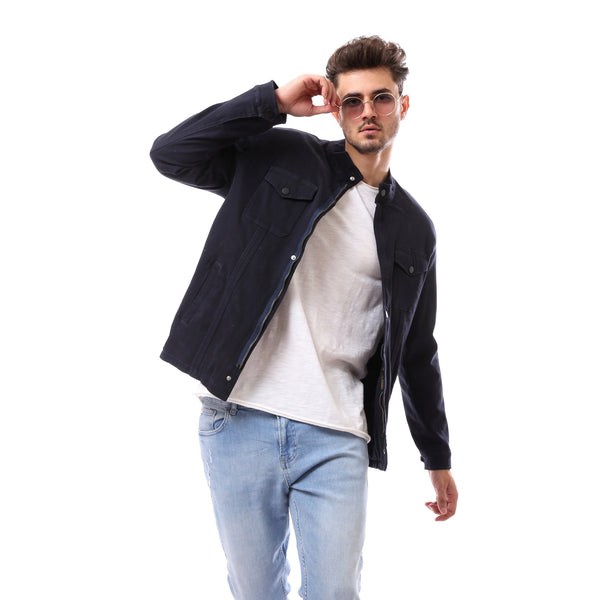 Navy Blue Buttoned Mandarin Collar Jacket