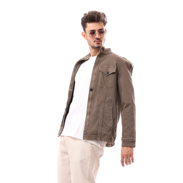 Buttoned Cafe Brown Polyester Jacket