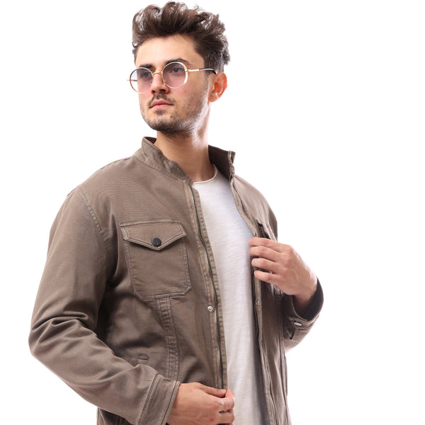 Buttoned Cafe Brown Polyester Jacket