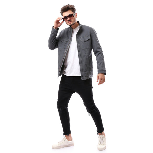 polyester_grey_mandarin_collar_buttoned_jacket