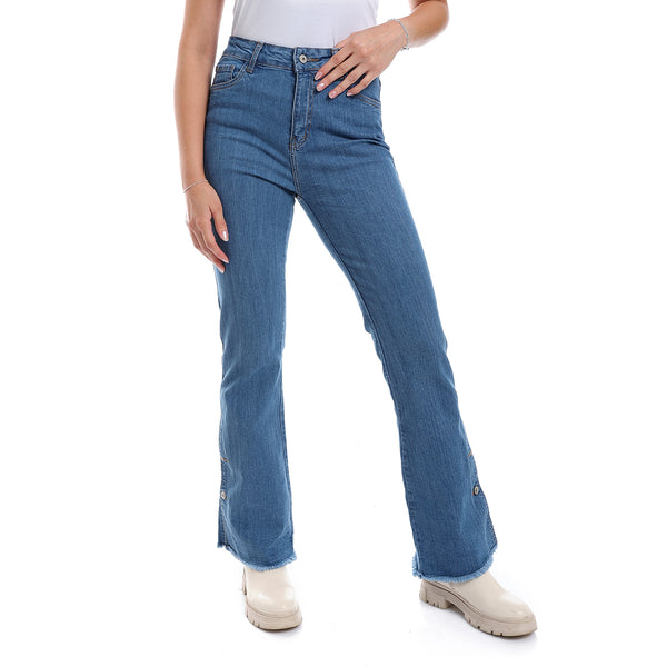 Side Buttons Closure Flare Leg Jeans Pants - Denim Blue