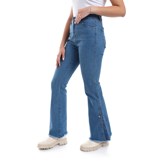 Side Buttons Closure Flare Leg Jeans Pants - Denim Blue