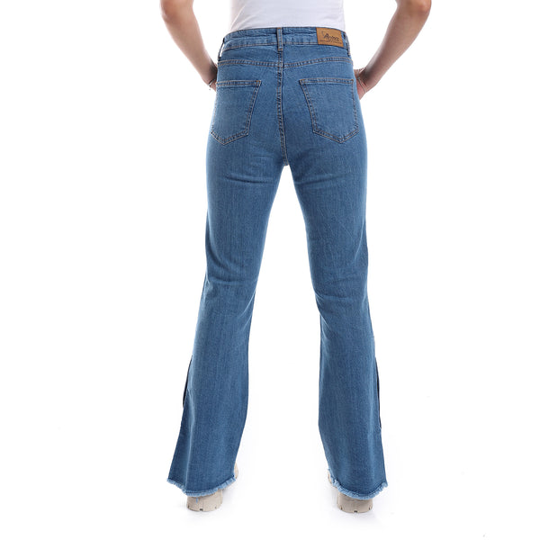 Side Buttons Closure Flare Leg Jeans Pants - Denim Blue