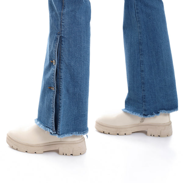 Side Buttons Closure Flare Leg Jeans Pants - Denim Blue