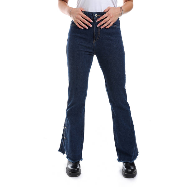Side Buttons Closure Flare Leg Jeans Pants - Navy Blue