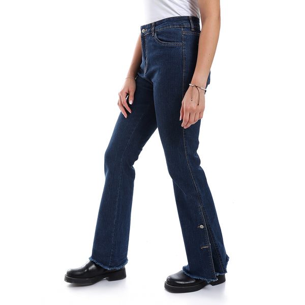 Side Buttons Closure Flare Leg Jeans Pants - Navy Blue