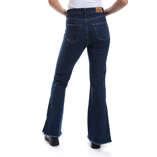Side Buttons Closure Flare Leg Jeans Pants - Navy Blue