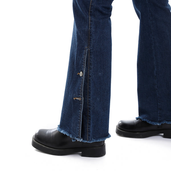 Side Buttons Closure Flare Leg Jeans Pants - Navy Blue