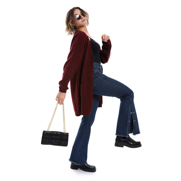 Side Buttons Closure Flare Leg Jeans Pants - Navy Blue