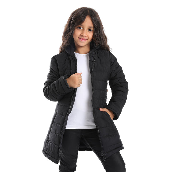 Zipper Closure Long Sleeves Girls Jacket - Black